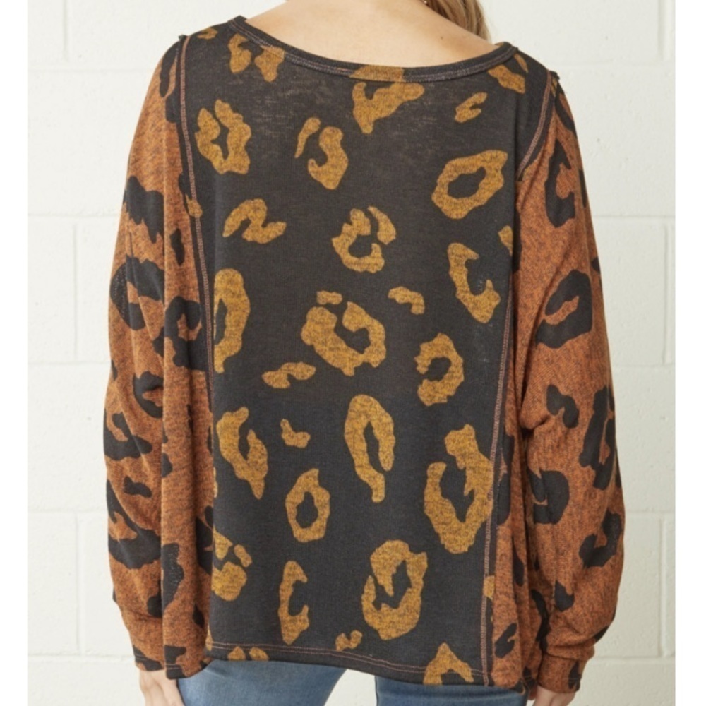 ENTRO Boho Mixed Leopard Print Oversized Dolman Sleeve Lightweight Sweater Top - Picture 10 of 14